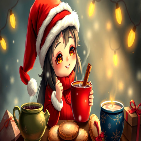 Cute little girl in santa hat with cup of hot drink and cookiesの写真素材