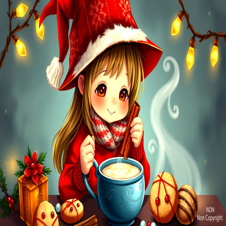 Cute cartoon girl with cup of hot cocoa and gingerbread cookiesの写真素材