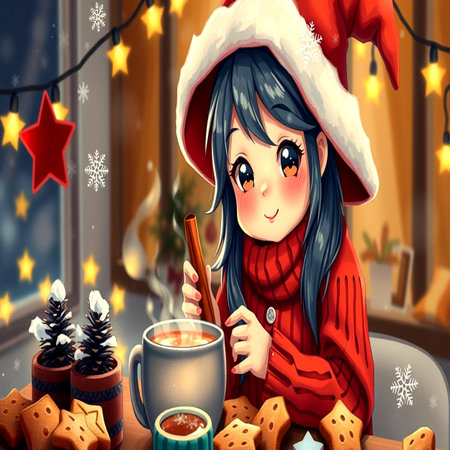 Cute cartoon girl with a cup of hot chocolate in the Christmas interior.の写真素材