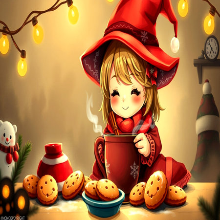 Cute little girl in a red witch costume with a cup of hot cocoa.の写真素材