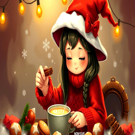 A girl in a red sweater and a Santa Claus hat is holding a cup of hot tea.の写真素材