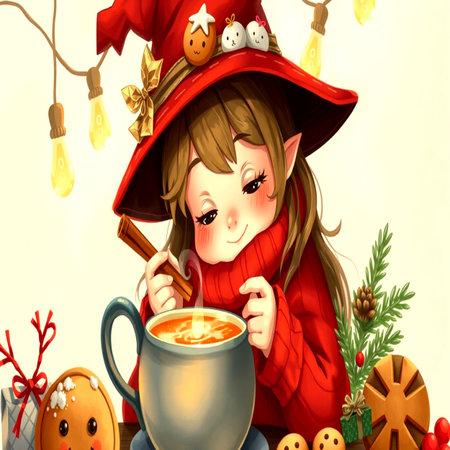 cartoon christmas girl with cup of hot chocolate - illustration for childrenの写真素材