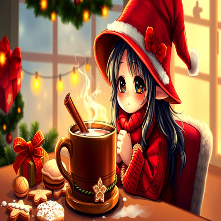 A cute little girl in a Santa Claus hat is sitting at the table with a cup of hot chocolate and cookies.の写真素材