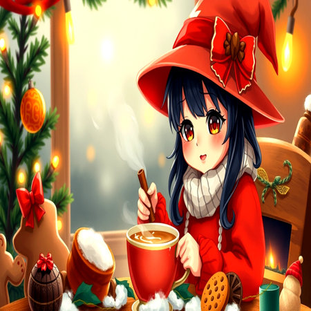 A cute cartoon girl in a red coat and a red hat is sitting at a table with a cup of hot chocolate.の写真素材