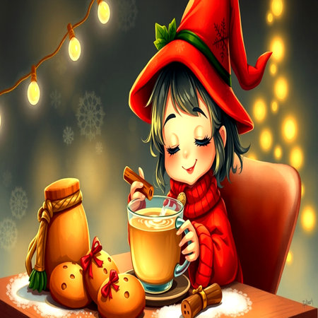 Cute girl in a red sweater and a red hat with a mug of hot cocoa and Christmas cookiesの写真素材