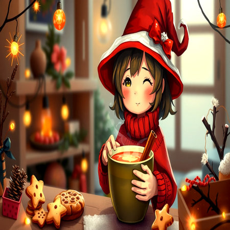 A cute girl in a red sweater and a red hat drinks hot chocolate from a mug.の写真素材