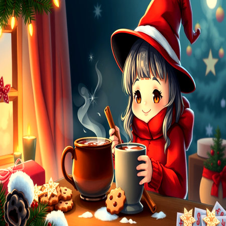 A cute cartoon girl in a red hat and a red coat is sitting at a table with a cup of hot chocolate and cookies.の写真素材