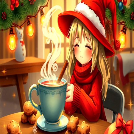Christmas girl with cup of hot tea and cookies on a wooden table.の写真素材