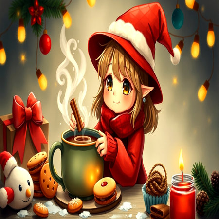 Cute little girl in Santa Claus hat with cup of hot chocolate and gingerbread cookies on Christmas backgroundの写真素材