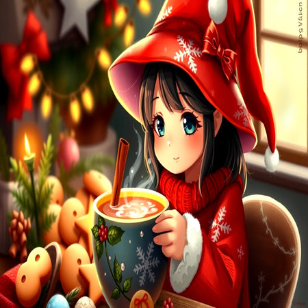 Cute little girl drinking hot chocolate in christmas interior. 3D illustration.の写真素材
