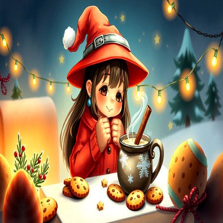 Cute little girl in a red coat and a witch hat is holding a magic cup of hot chocolate and cookies on the background of a Christmas landscape.の写真素材