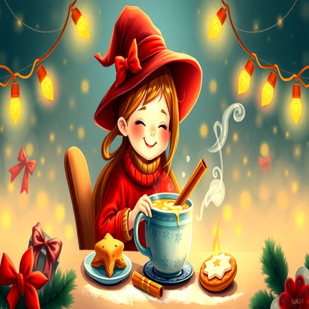 Cute girl in witch costume with cup of hot chocolate, gingerbread cookies and Christmas decorationsの写真素材