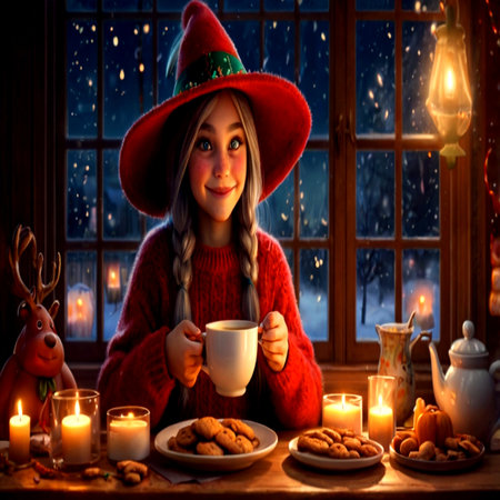 Cute little girl in red sweater and hat with cup of hot drink and cookies on Christmas eve.の写真素材