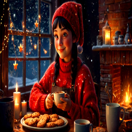 Cute little girl with cup of hot chocolate and cookies near the window at home.の写真素材