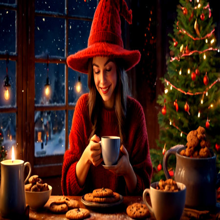 Young woman in a red sweater with a cup of tea and cookies on the background of the Christmas tree