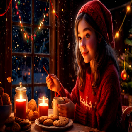 Little girl in a warm sweater and a red hat is sitting at the window and eating cookies.の写真素材