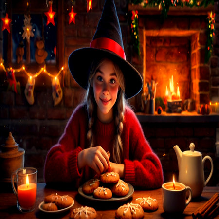 Cute little girl in witch hat and red sweater eating Christmas cookies.の写真素材