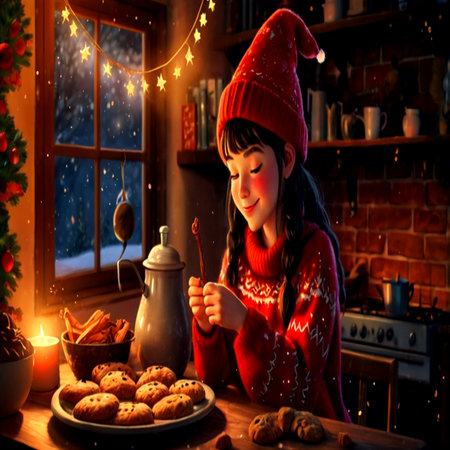 Little girl in a red sweater and a knitted hat sits by the window and eats cookies.の写真素材