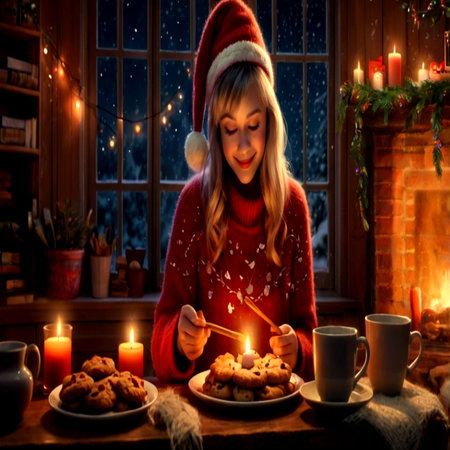 Young woman in red sweater and Santa Claus hat sitting at the table with cup of hot tea, cookies and Christmas lights.の写真素材