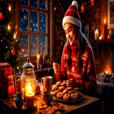 Beautiful young woman in a red sweater and a Santa Claus hat is sitting by the window and eating cookies.の写真素材