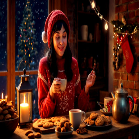 Beautiful woman in a red sweater and a red hat is sitting at the table with a cup of hot tea and cookies on the background of the Christmas tree.の写真素材
