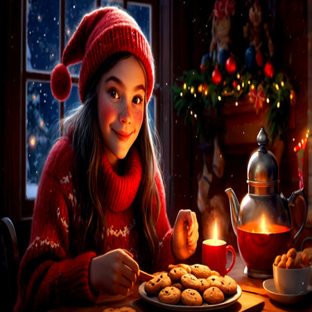 Cute little girl in a red knitted hat and scarf is sitting by the window and eating cookies.の写真素材