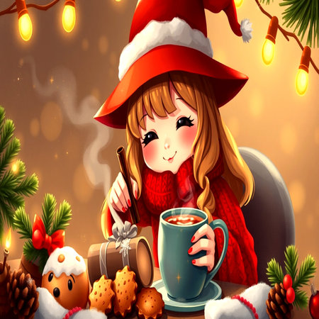 Christmas girl with cup of hot cocoa and gingerbread cookies - 3d illustrationの写真素材