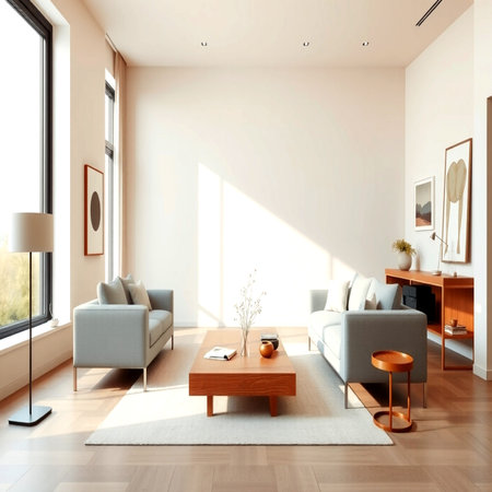 Interior of modern living room with white walls, wooden floor, comfortable sofa and coffee table. 3d...
