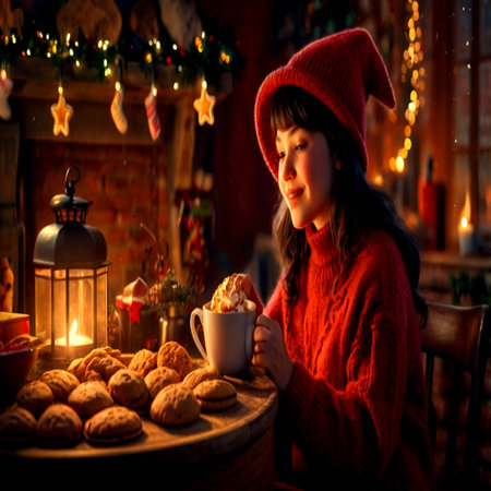 Girl in a red knitted sweater with a mug of hot cocoa and cookies on the background of the Christmas tree.の写真素材