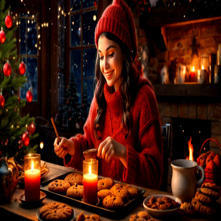Young woman in red sweater and hat decorating christmas cookies with burning candles.の写真素材