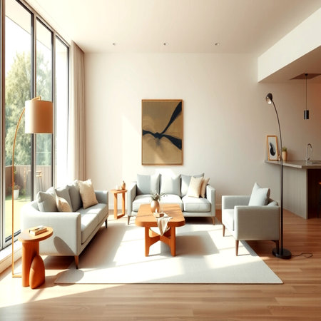 Interior of modern living room with white walls, wooden floor, comfortable sofa and coffee table. 3d renderの写真素材