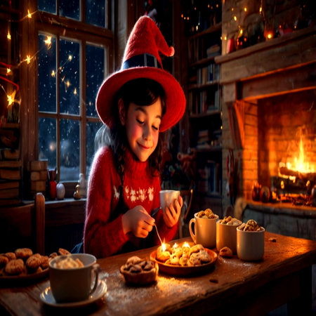 Little girl in a red sweater and a hat with a cup of hot chocolate and cookies on the background of the fireplace.の写真素材