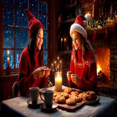 Two girls in red sweaters and Santa Claus hats are sitting at the table near the fireplace and drinking tea.の写真素材