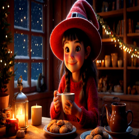 Cute little girl in a hat with a cup of tea and cookies on the background of the window at Christmas.の写真素材