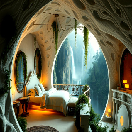 Interior of a hotel room with a double bed in the form of a tunnelの写真素材