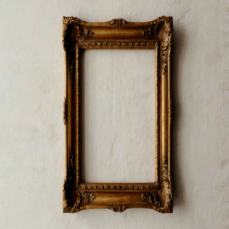 Old wooden picture frame on a white wall background. Copy space.の写真素材