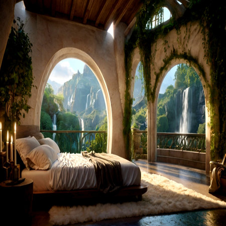Luxury hotel bedroom interior with a view of the waterfall and the gardenの写真素材