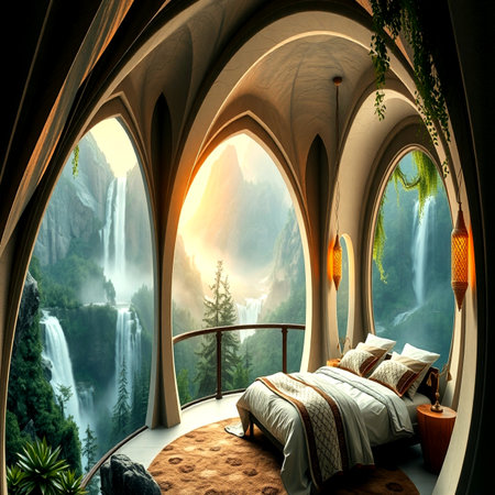 Interior of hotel room with beautiful view on waterfall. 3d renderingの写真素材
