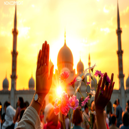 Silhouette of women praying at the mosque during sunsetの写真素材