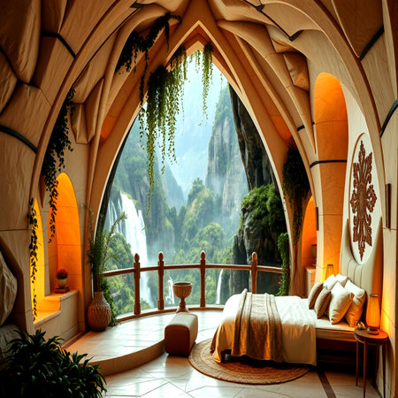 Beautiful interior of hotel room with tropical waterfall in the background.の写真素材
