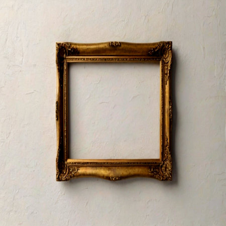 Old picture frame on a white wall, vintage style, copy spaceの写真素材