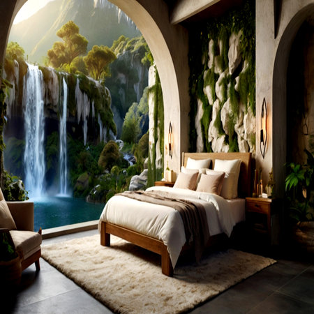 Luxury hotel bedroom with waterfall in the background,3d renderの写真素材