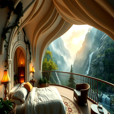 Luxury hotel room interior with beautiful view of the waterfall. 3d renderの写真素材