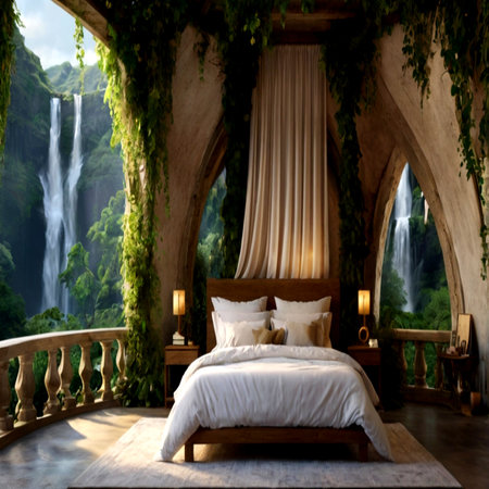 Luxury hotel bedroom with a view of a waterfall in the backgroundの写真素材