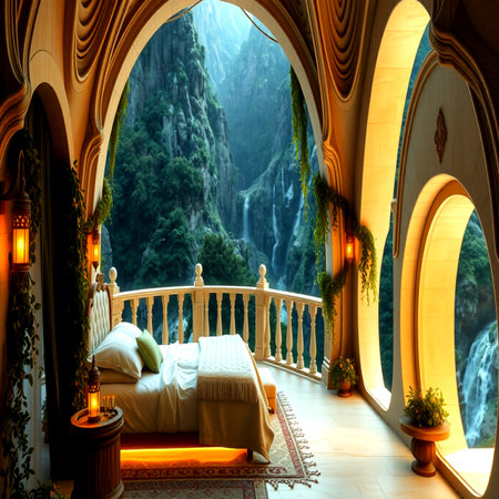 Interior of a hotel room with a beautiful view of a mountainの写真素材