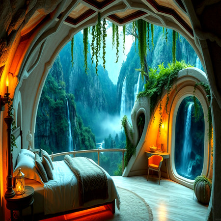 Luxury hotel room interior with a view of the waterfall.の写真素材