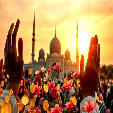 Silhouette of hands raised up against the backdrop of the mosque.の写真素材
