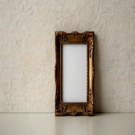 Photo frame on a white table against the background of a white wallの写真素材