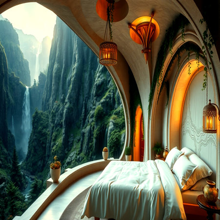 Luxury bedroom in the mountains with a beautiful view of the waterfallの写真素材