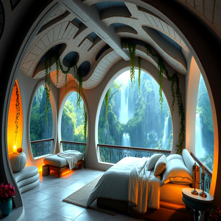 3D rendering of the interior of a hotel room with a beautiful viewの写真素材